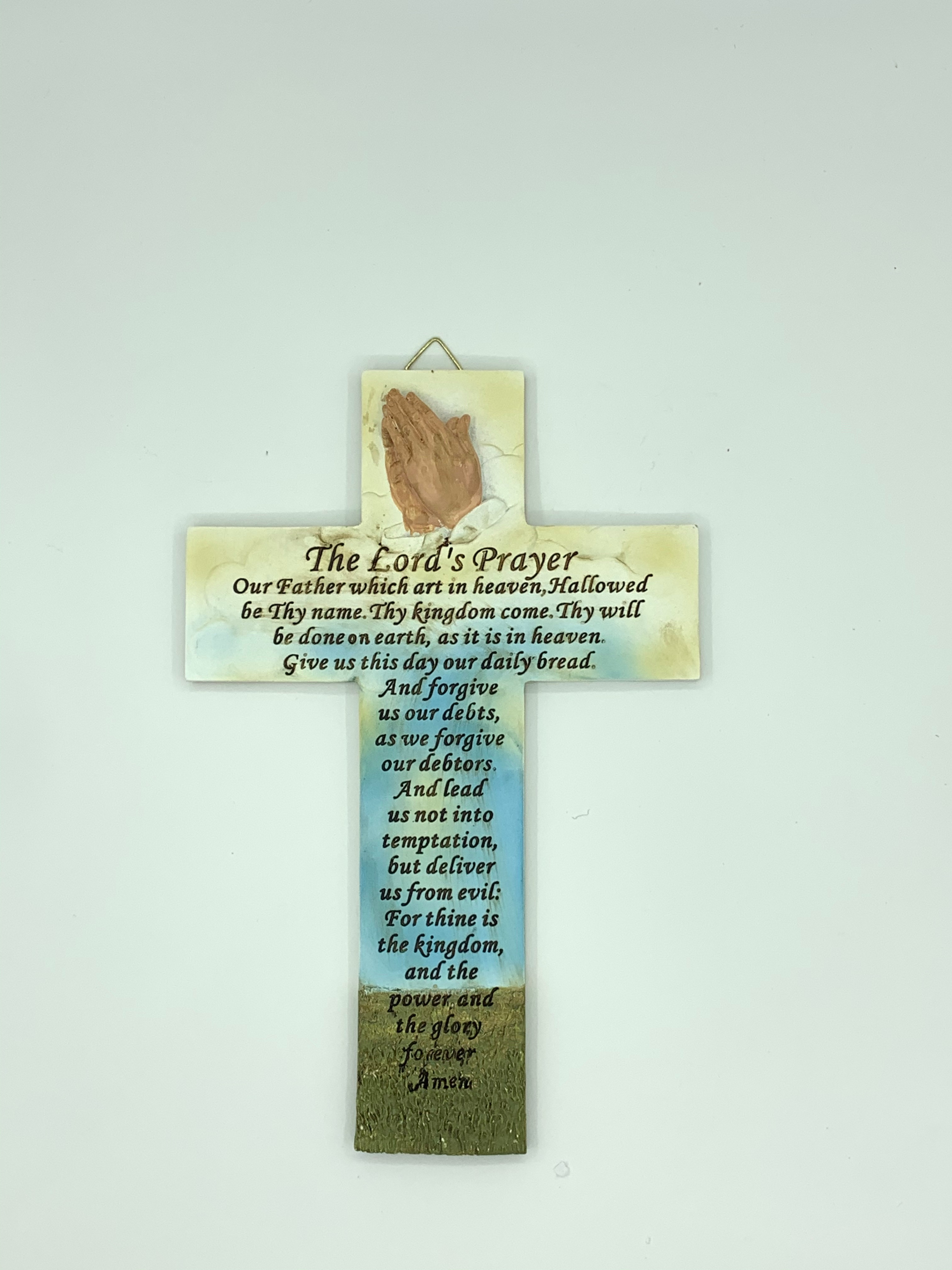 Home Decor: A Cross with Lord's Prayer. Contains the bible verse. Has a hook at the back for hanging on the wall. A Christian gift for house warming or for home decor.