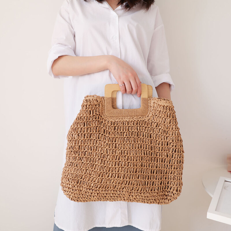 New Ins Straw Bag Wooden Handle Large Capacity Woven Bag Straw Bag Leisure Seaside Vacation Beach Bag Women's Handbag