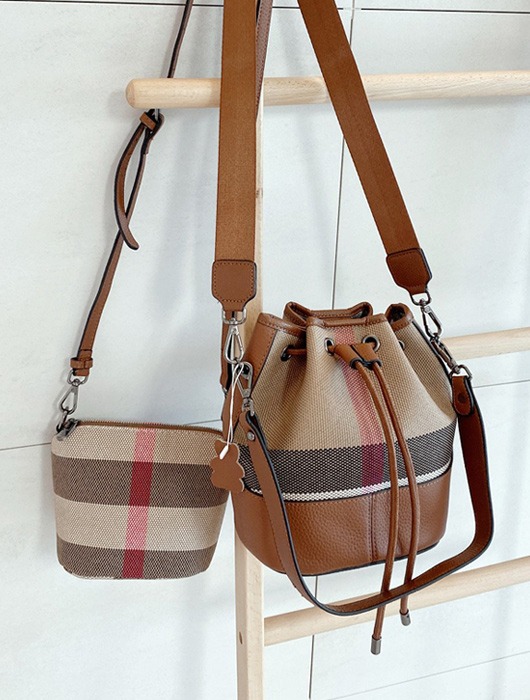 Cowhide Combination Check Bucket Shoulder Cross Bag